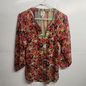 Fig and Flower Multicolor Floral Button-Up Sheer Blouse Sz M Romantic Feminine